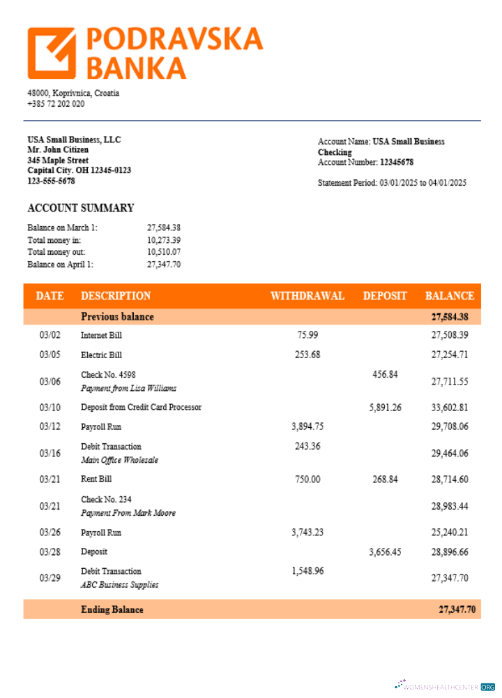 Croatia Podravska bank corporate checking account statement Word and PDF template